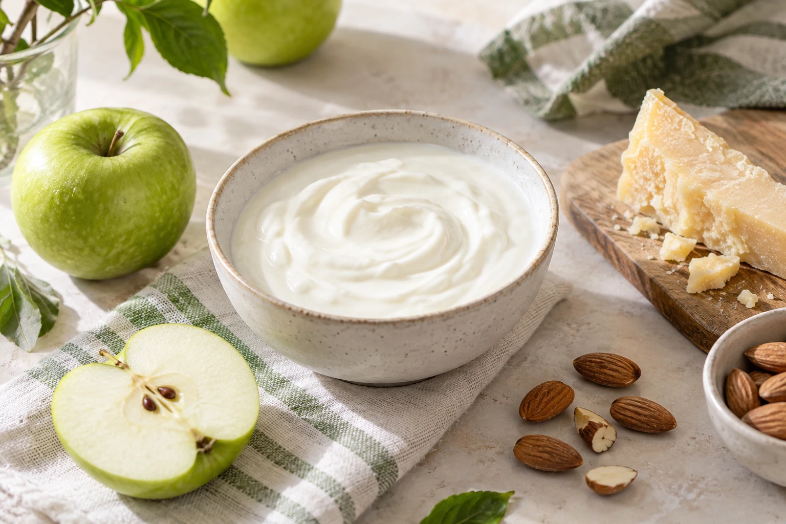 Bol de yaourt crémeux entouré de pommes vertes, amandes et morceaux de parmesan