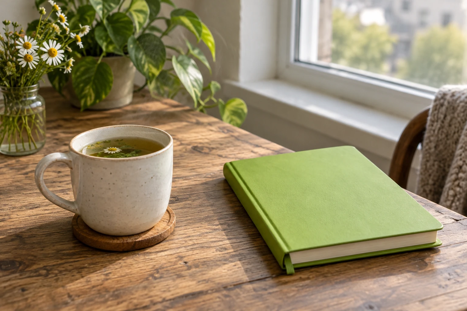 Tasse de tisane avec fleur flottante à côté d'un carnet vert au soleil