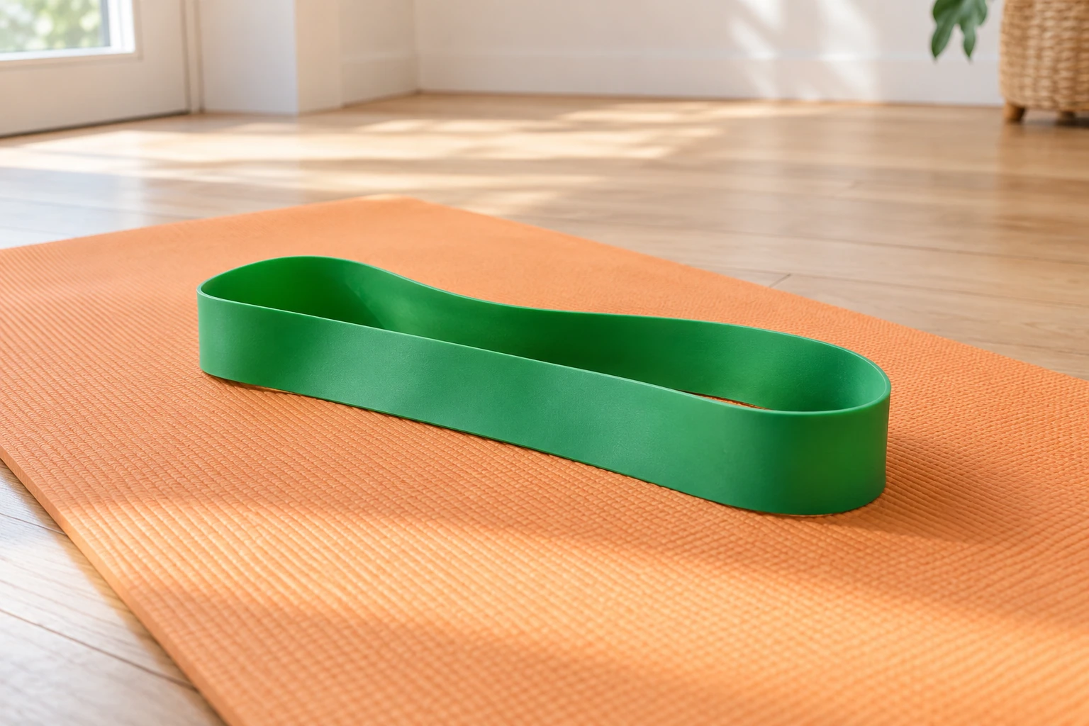 Élastique de résistance vert posé sur un tapis de sol orange en intérieur lumineux