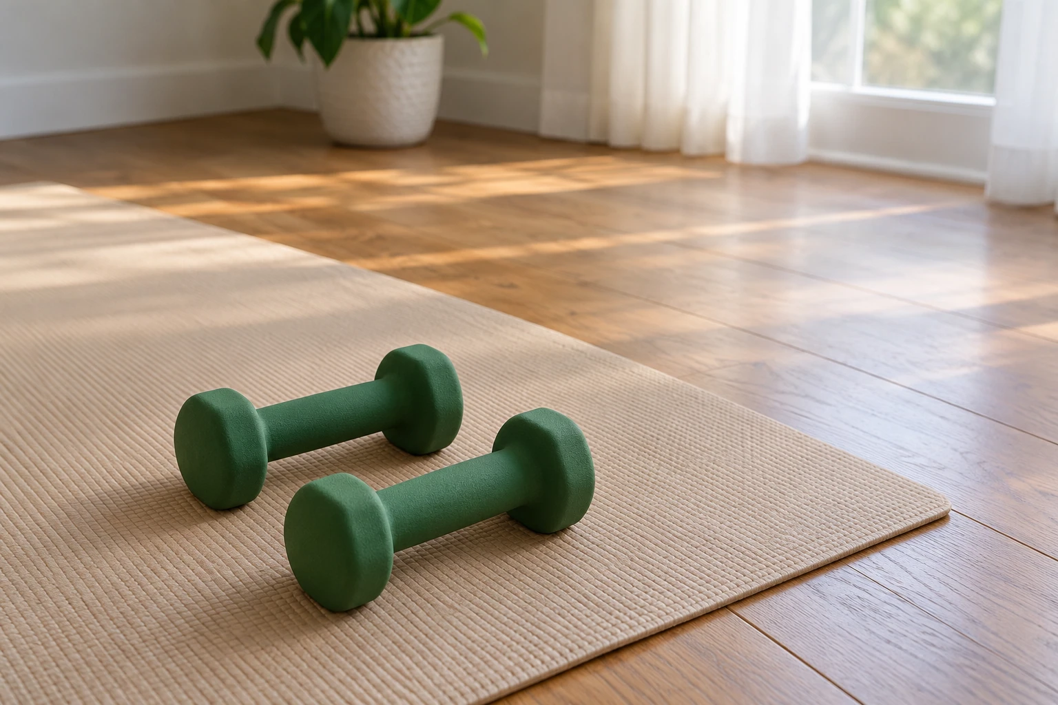 Deux haltères verts posés sur un tapis de yoga dans une pièce lumineuse