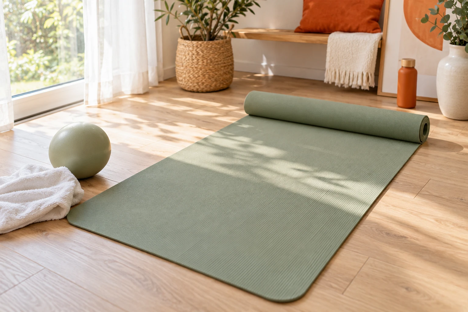 Tapis de yoga vert roulé au sol, balle de pilates, serviette et bouteille près d'une fenêtre
