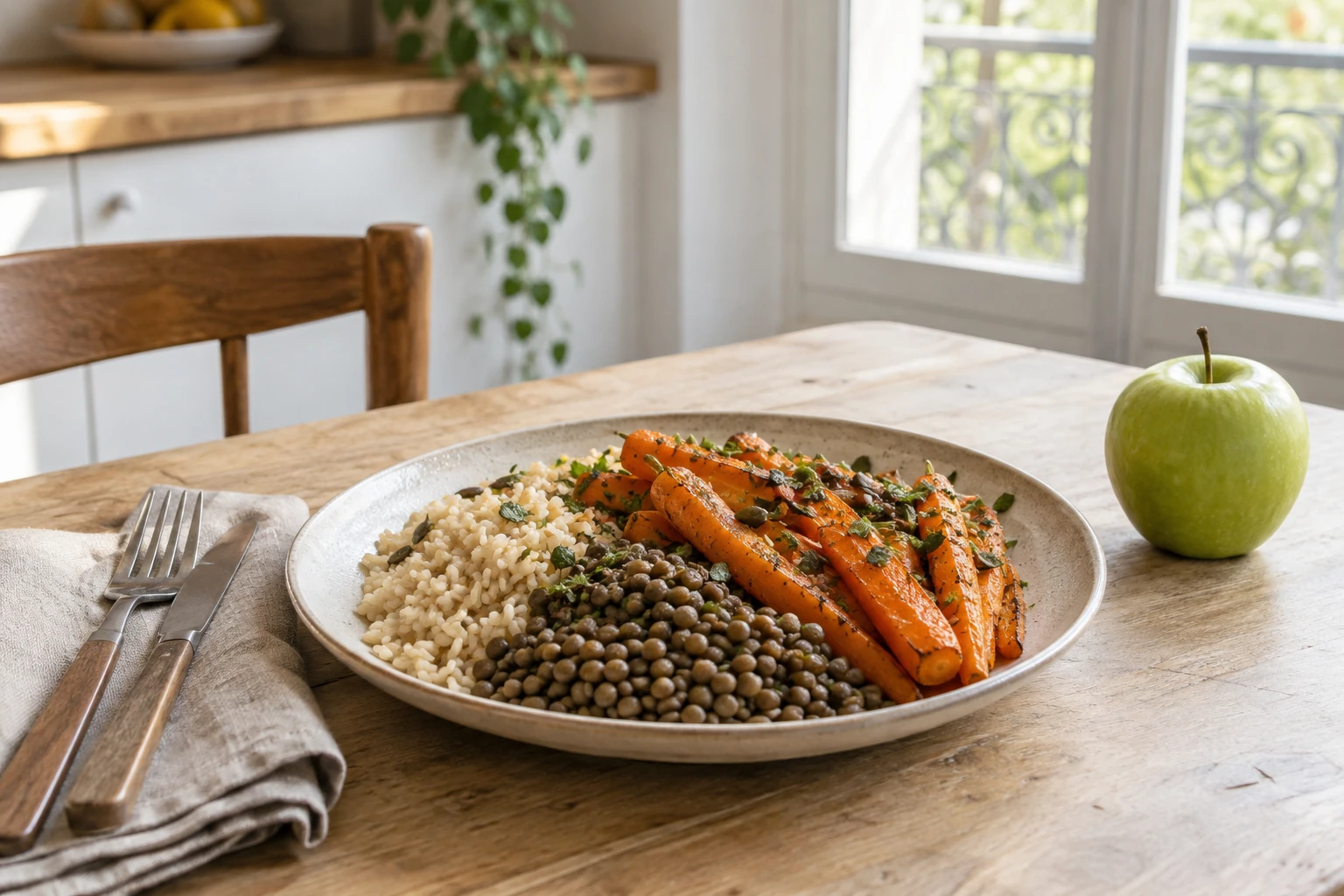 Assiette de lentilles, riz complet et carottes rôties sur table en bois, pomme verte