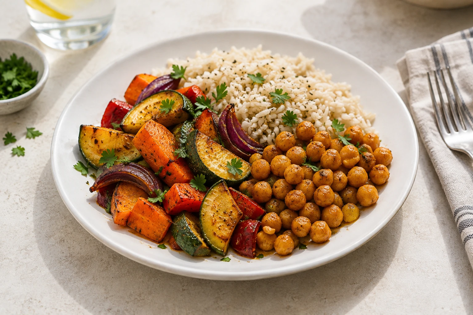 Assiette avec riz, pois chiches épicés et légumes rôtis colorés, herbes fraîches garnissant